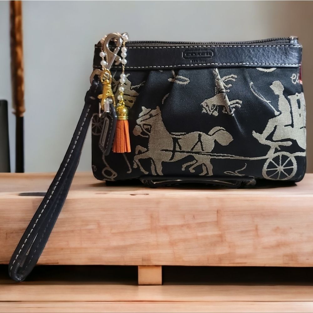 Coach Black Cavalry Print Wristlet with Tassel Charm